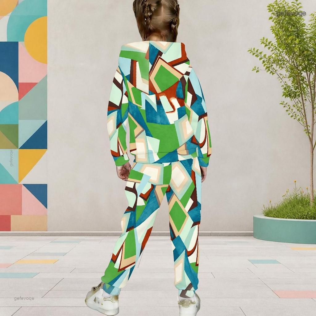 Girls Colorful Geometric Printed Hooded Long Sleeve Two Piece Pants Set Kangaroo Pocket Cuffed Pants