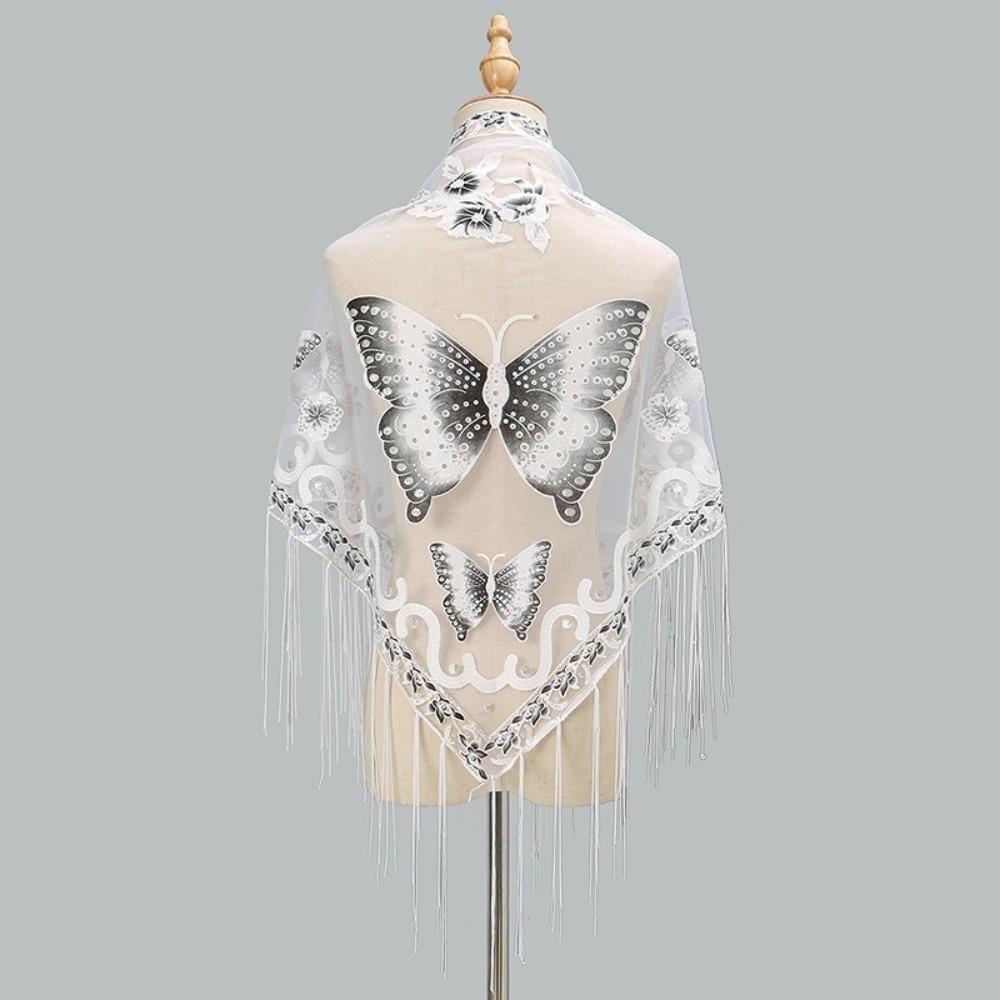 

Butterfly Lace Hollow Scarf Flower Mesh Scarves Elegant Tassel Triangle Shawl Spring білий