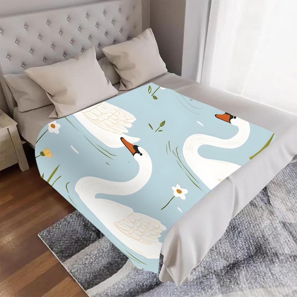 1pc Flannel Blanket - Soft All-Season Lightweight Throw with Elegant Swan Lake Design In White, Green, Blue - Perfect for Home,