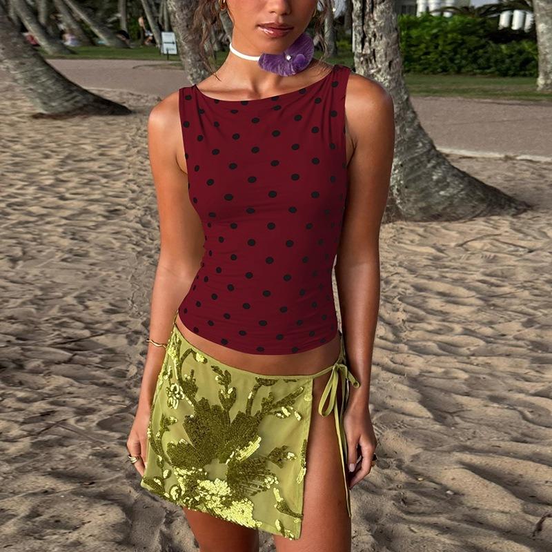 Fashion Women'S Polka Dot Print Crop Tank Top Summer O Neck Sexy Slim Female Short Blouse Sweet Beach Vacation Party Slim Fit Streetwear Clothes