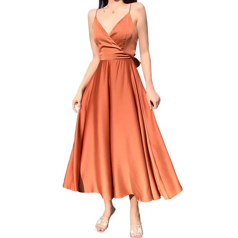 Bali beach skirt seaside sexy backless vacation skirt long skirt slim satin suspender skirt women's summer island skirt
