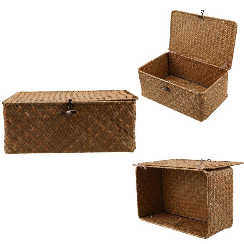 3pcs Handcrafted Grass Woven Storage Box With Lid Lock Gifts Xmas Hamper Basket