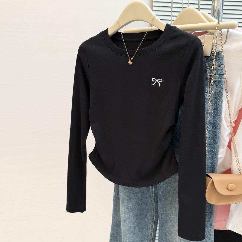 Real Shot Sweet Spice Girl Pleated Waist Embroidered Long-sleeved T-shirt Women's Season Slim-fitting Bottoming Shirt