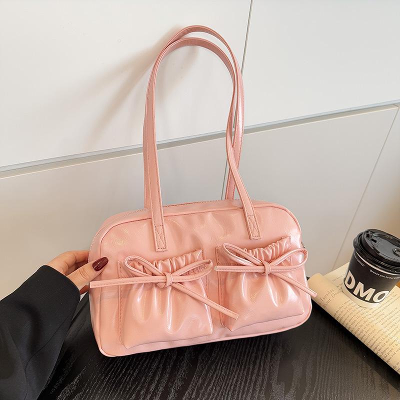 Fashion Faux Leather Shoulder Bag with Cute Cloud Charm Handbag, Bow Accent Multi Pocket Design, Casual Underarm Purse for Daily