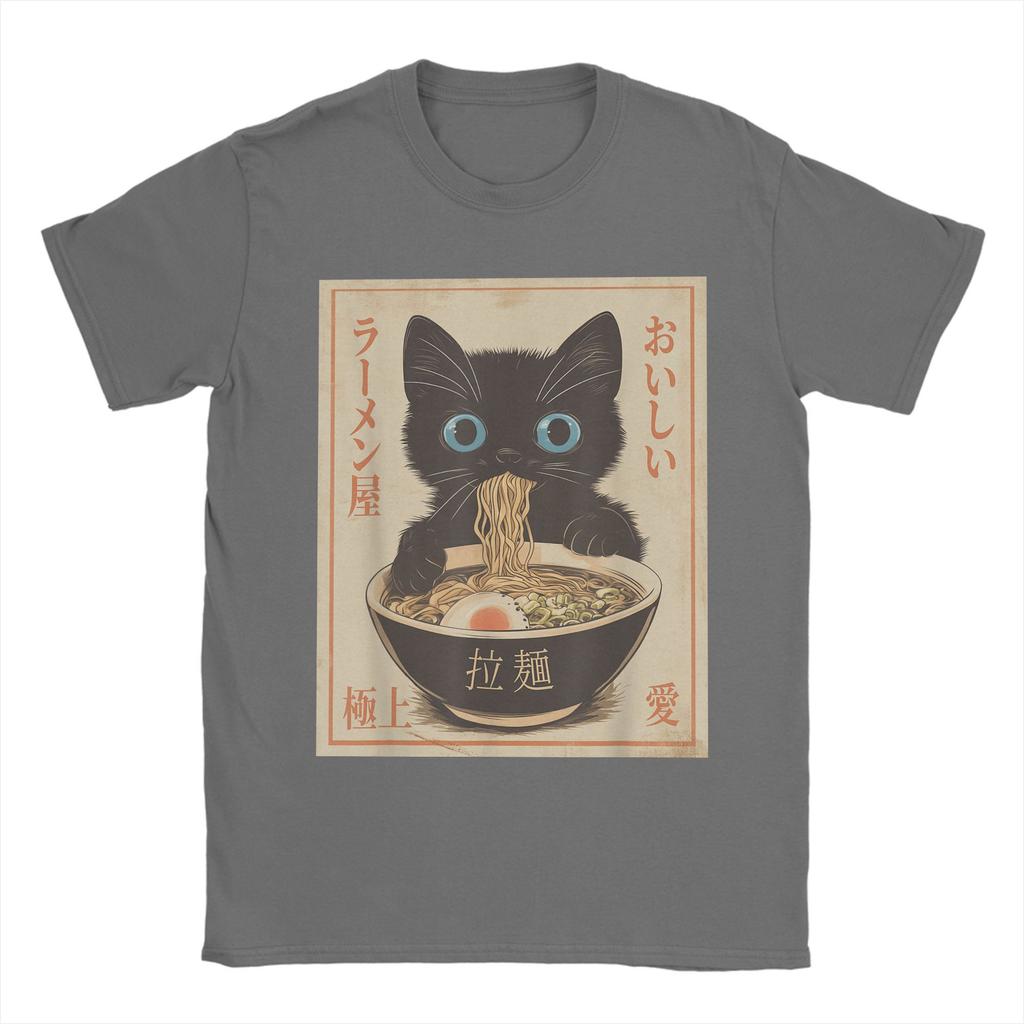Japanese Black Cat Ramen T-Shirts Men Kawaii Noodle Cat Vintage Pure Cotton Tees O Neck Short Sleeve T Shirts Gift Idea Tops