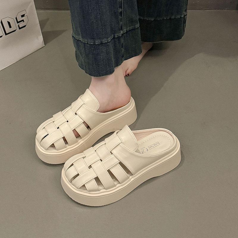 Baotou Half Slippers Women's Summer New Outer Wear Woven Hollow Muller Shoes Square Head Retro Maillard Roman Women's Sandals