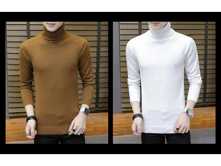 Men's Solid Color High Neck Thickened Knit Sweater - Cozy Autumn/Winter Base Layer