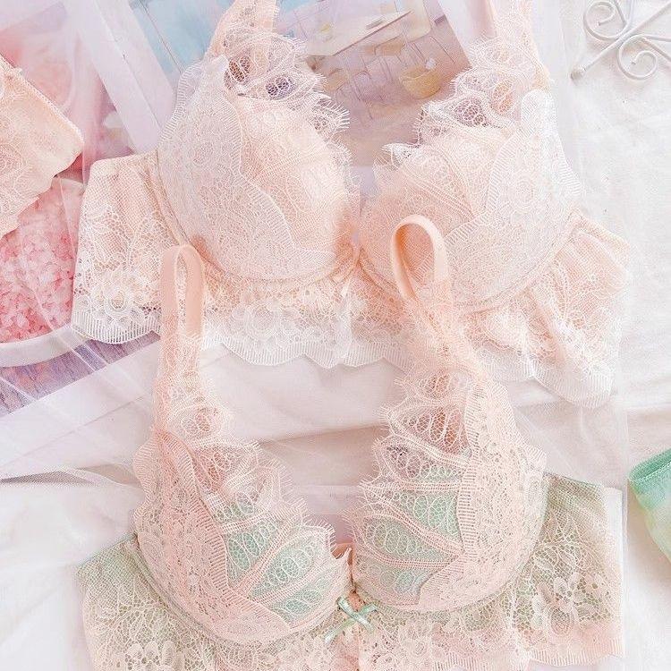 Underwear Women's Small Breasts Gather Autumn and Winter Thickened Rimless Lace Bra Set To Close Sub-breasts Anti-sagging Internet Celebrity Bra