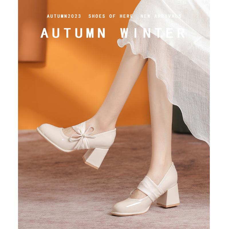 Mary Jane Shoes Women's Spring Temperament High Heels Women's Round Head Thick Heel Single Shoes Women's Height and Thinness