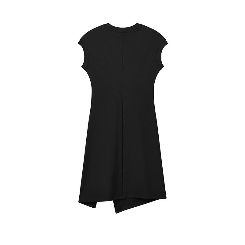FILA Original Simple Classic Retro Casual Versatile Comfortable Split Hem Solid Color Knitted Short Sleeve Dress Women dresses Black F51W629312FBK
