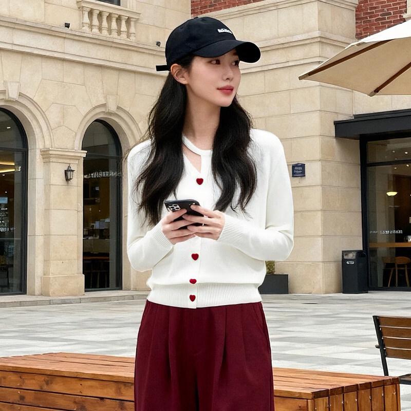 Basic House Women's Wool-Blend Hollow-Out Knit Cardigan with Heart Buttons