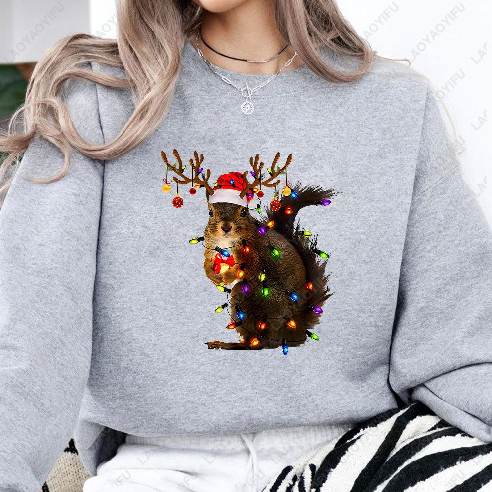 Christmas Squirrel Lights Sweatshirt Xmas Squirrel Hoodie Women Long Seleeve Sweater Santa Squirrel Gift Cute Christmas Sweater