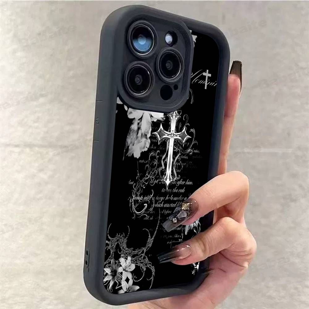 Gothic Cyber Sigil Cross Phone Case For iPhone 17 16 15 14 13 12 11 Pro Max 16E Plus INS Soft Cover