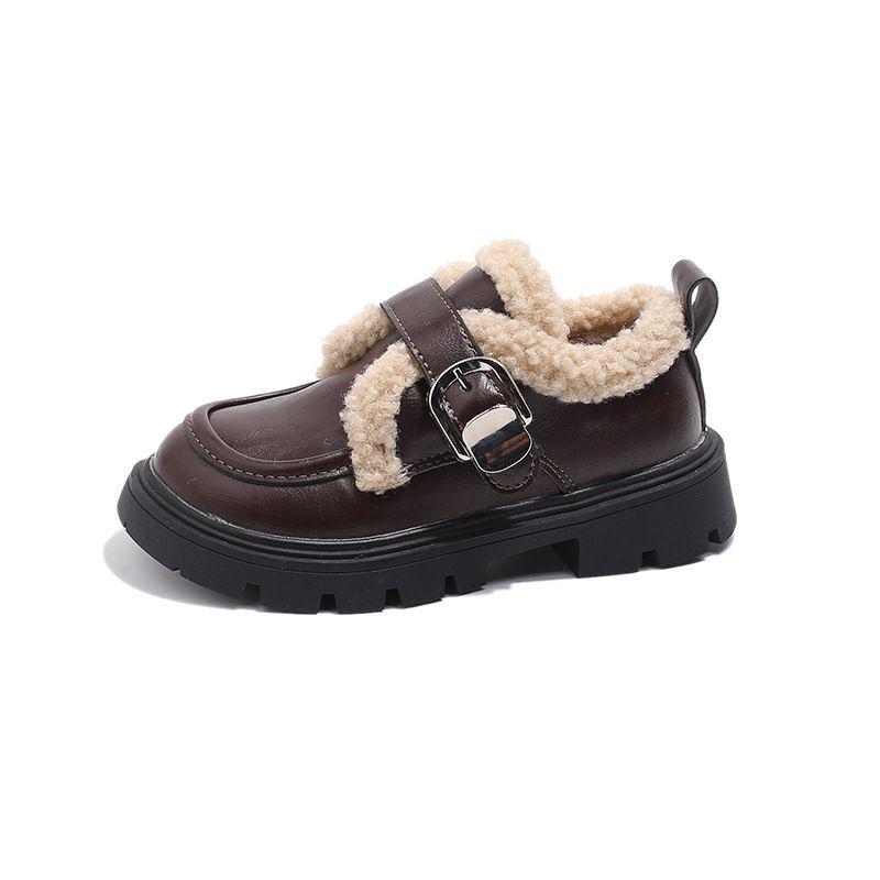 2025 Girls' Fleece-Lined Leather Loafers with Buckle, Thick-Soled Mary Janes, Brown