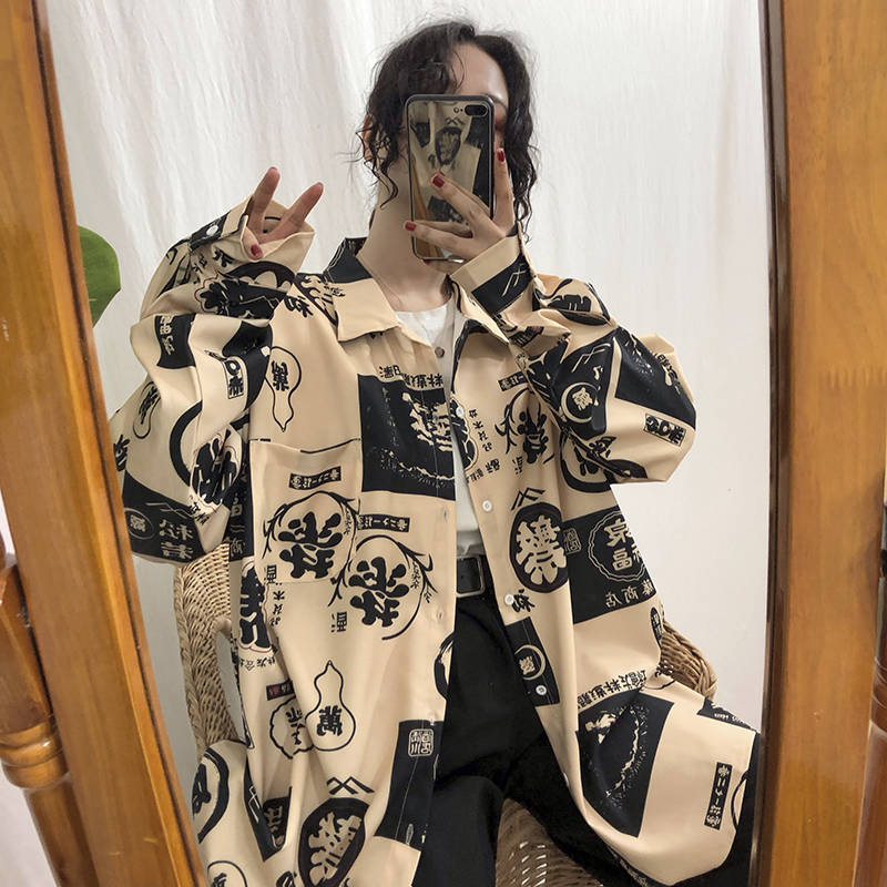 Harajuku Blouse Couple Shirt Women Men Clothing Blouses Bf Long Shirts Spring Autumn Turn-down Collar Casual Top