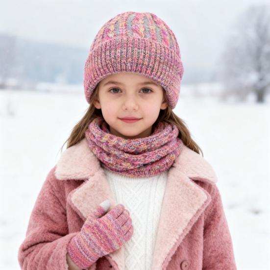 3Pcs/Set Kids Hat Scarf Gloves Set Colorful Twist Texture Hat Thickened Plush Lining Neck Gaiter Knitted Gloves Set
