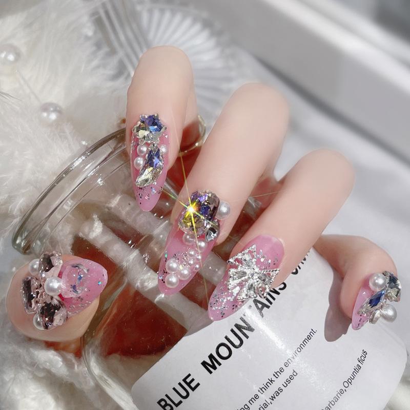 Medium Coffin Press On Nails with Rhinestones Designs Reusable Full Cover Glue On Fake Nails Press Ons Artificial False Nails Stick On Nails for Women