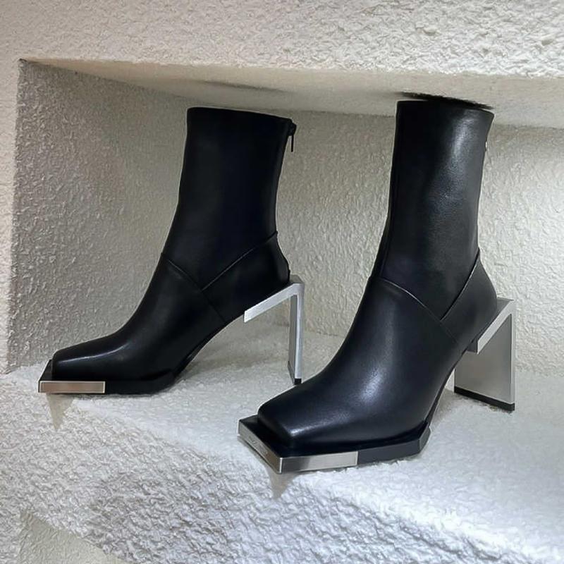 Autumn Fashion Female Metal Buckle Women Ankle Boots Square Head Heels Chelsea Boots Genuine Leather Ladies Short Boots