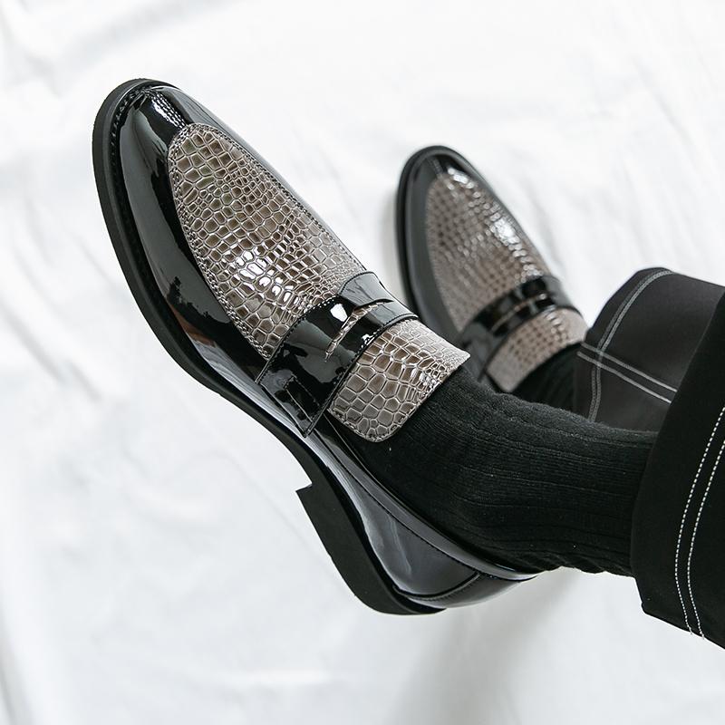 Men Black Loafers Leather Shoes Formal Business Flats Slip on Shoes Wedding Dress Prom Shoes Mosaic Contrast Over Sized