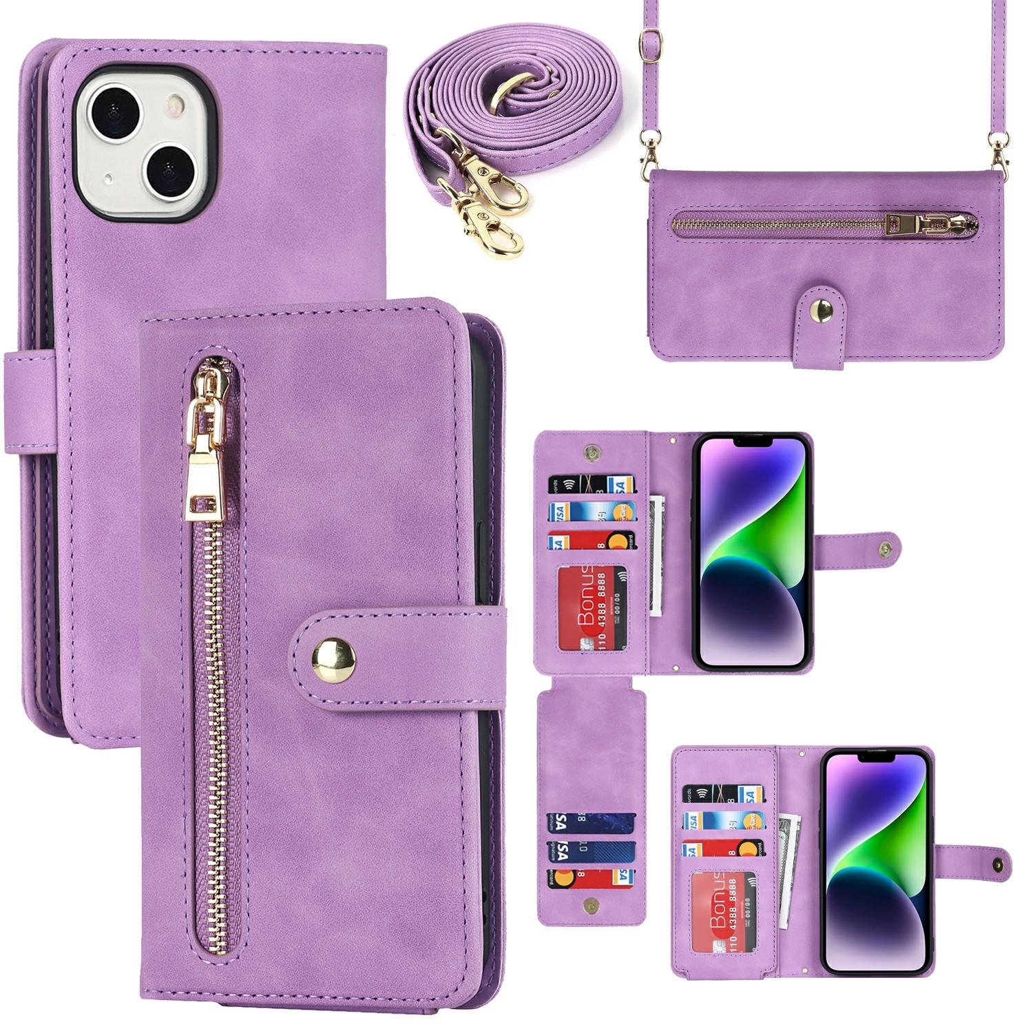 

For iPhone 15 Plus Stand Case PU Leather Phone Cover with Straps/Zipper Wallet/Multiple Card Slots Light Purple