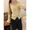 French off-shoulder buttoned slit long-sleeved sweater for women autumn one-shoulder inner layering slim fit and beautiful short top