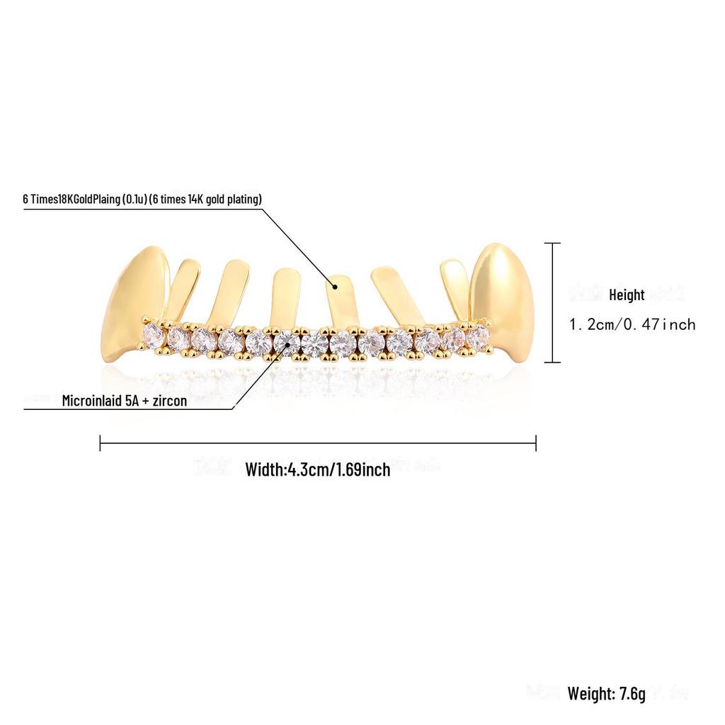 European and American Trendy Hip-Hop Diamond Decorated Teeth Grillz, Real Gold Electroplated