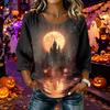 Women's Happy Halloween Print Blouse - Round Neck Three-Quarter Sleeve Cotton Linen Casual Top for Holiday Costume and Everyday Wear