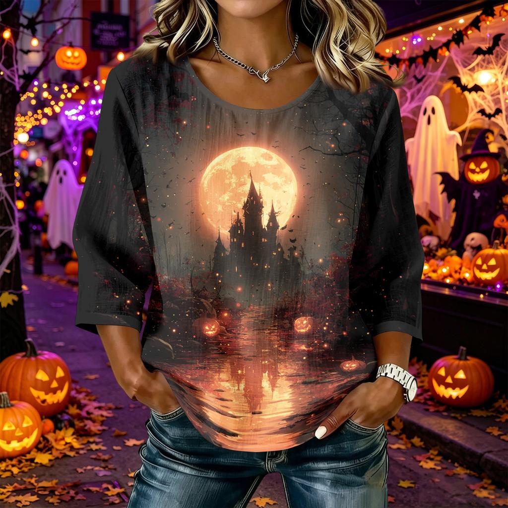 Women's Happy Halloween Print Blouse - Round Neck Three-Quarter Sleeve Cotton Linen Casual Top for Holiday Costume and Everyday Wear