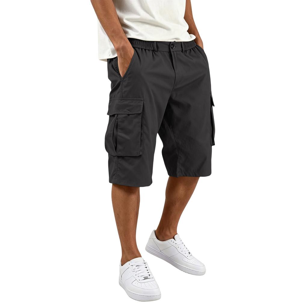 Herren Farbknopf Elastischer Bund Cargoshorts mit 6 Taschen für die Arbeit im Freien
