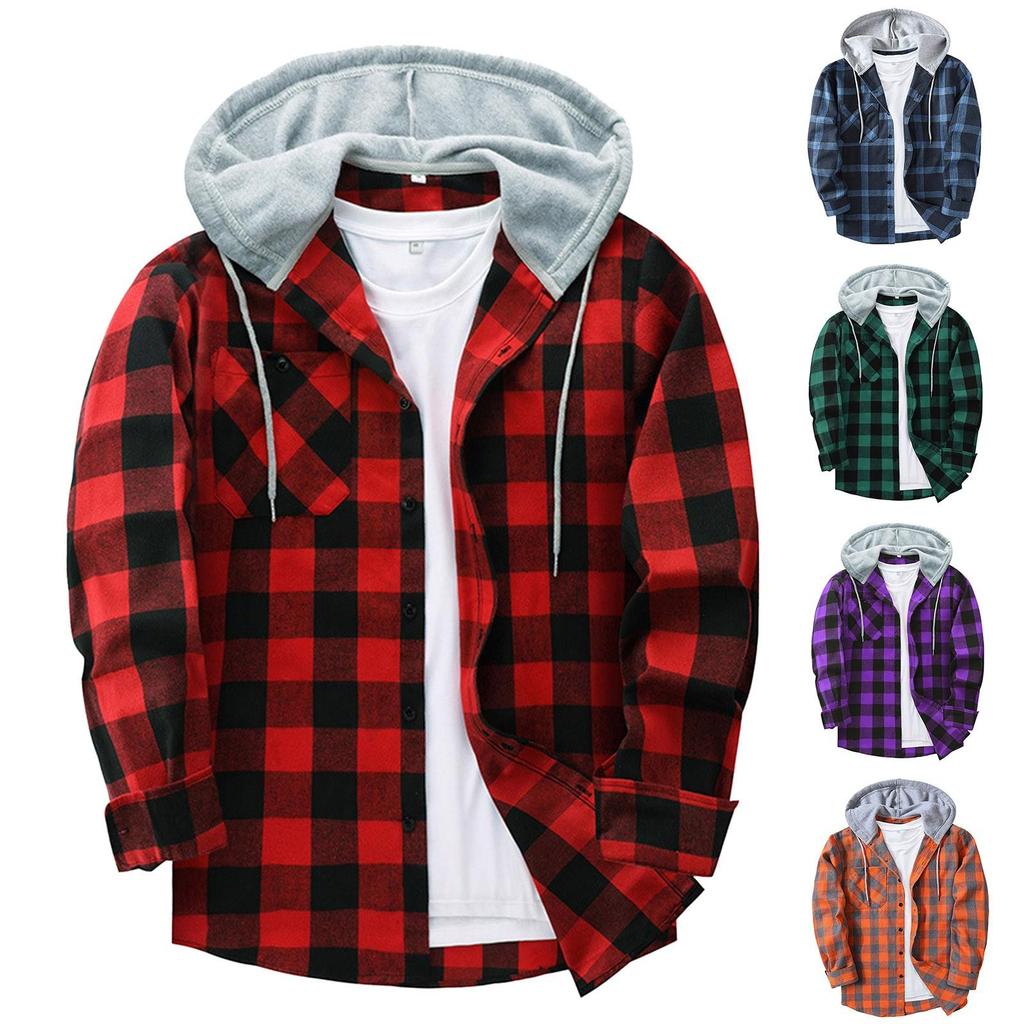 Herren-Sweatshirt mit kariertem Hemd und Kapuze, Knopf-Sweatshirt, lässiges Mode-Sweatshirt für Herren