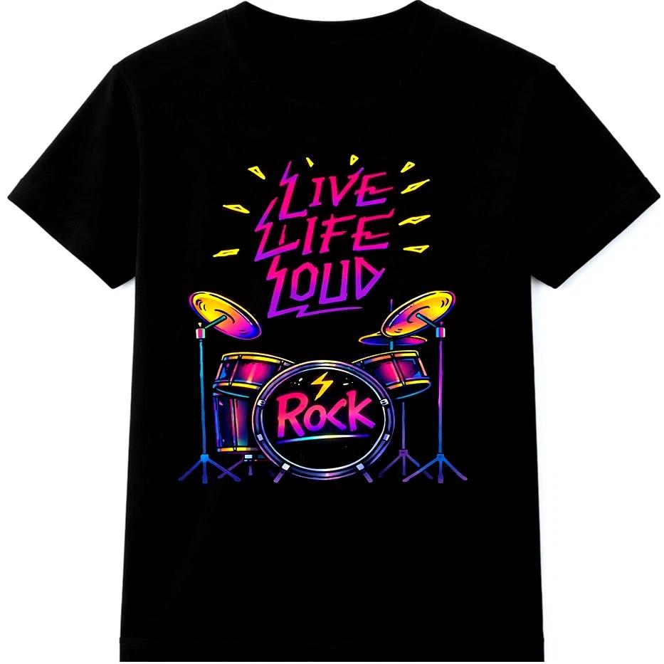Drummer T Shirt Live Life Loud Drum Set Rock Music Concert Graphic Tee L