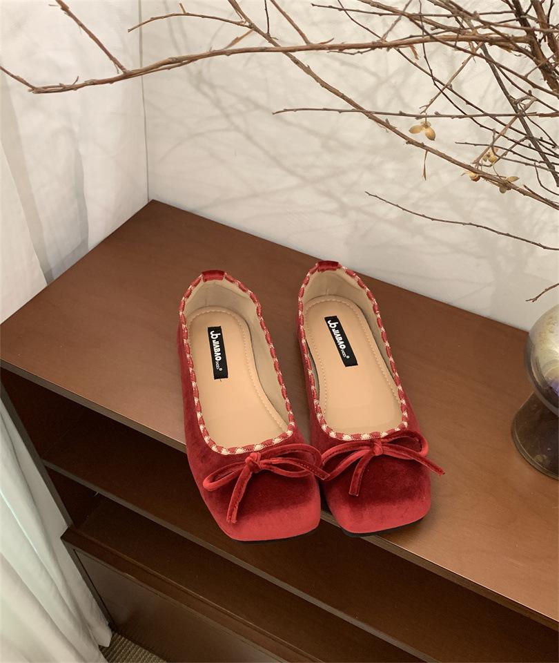

French single shoes women s 2025 new bow ballet flats shallow mouth grandma shoes 39 красный