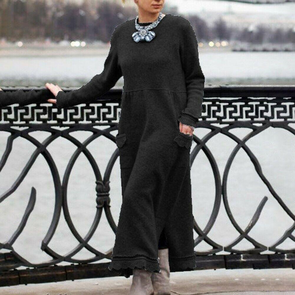 YYFS Moda donna primavera autunno tinta unita stampa manica lunga scollo a V vita larga abiti casual