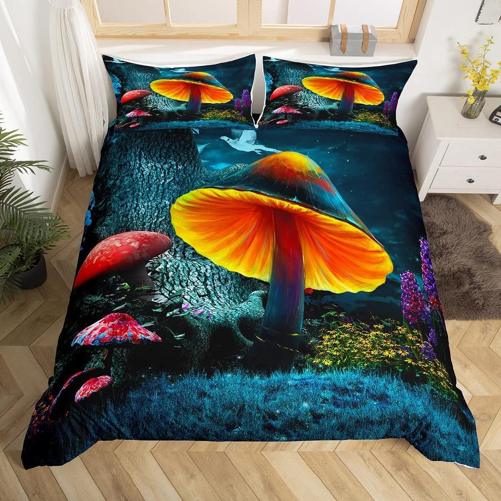 Mushroom Duvet Cover Set Cartoon Castle Bedding Set Microfiber Fungus Botanical Floral Comforter Cover Twin King For Boys Girls