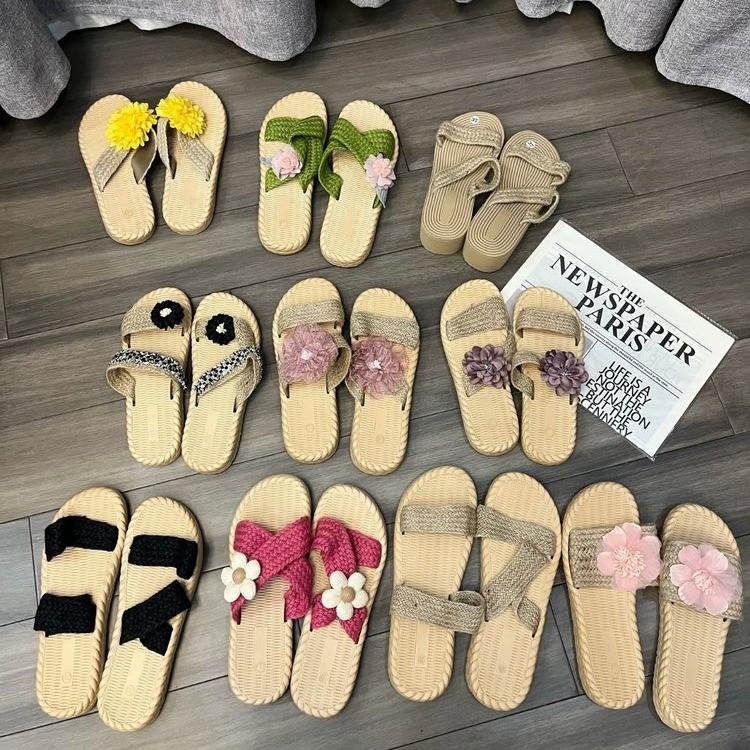 Fashion Women's Casual Slides Comfortable Flax Slippers Striped Bow Linen Flip Flops Platform Sandals Ladies Indoor Shoes Butterfly-knot