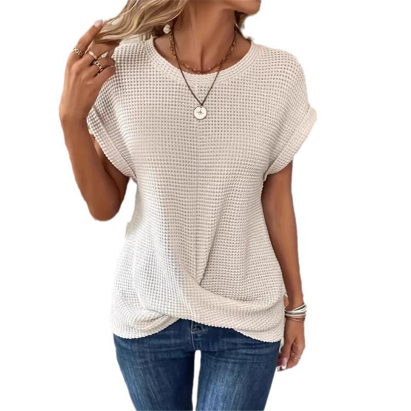 Women's Burnt Orange Waffle Knit Twist Front Short Sleeve Top