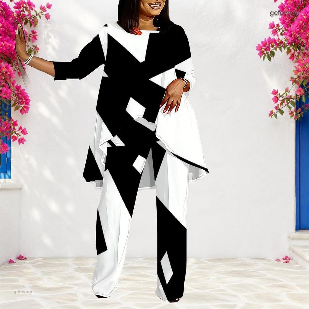 Women Plus Size Round Neck Long Sleeve Black White Printed Layered Top And Long Pants Two Piece Set