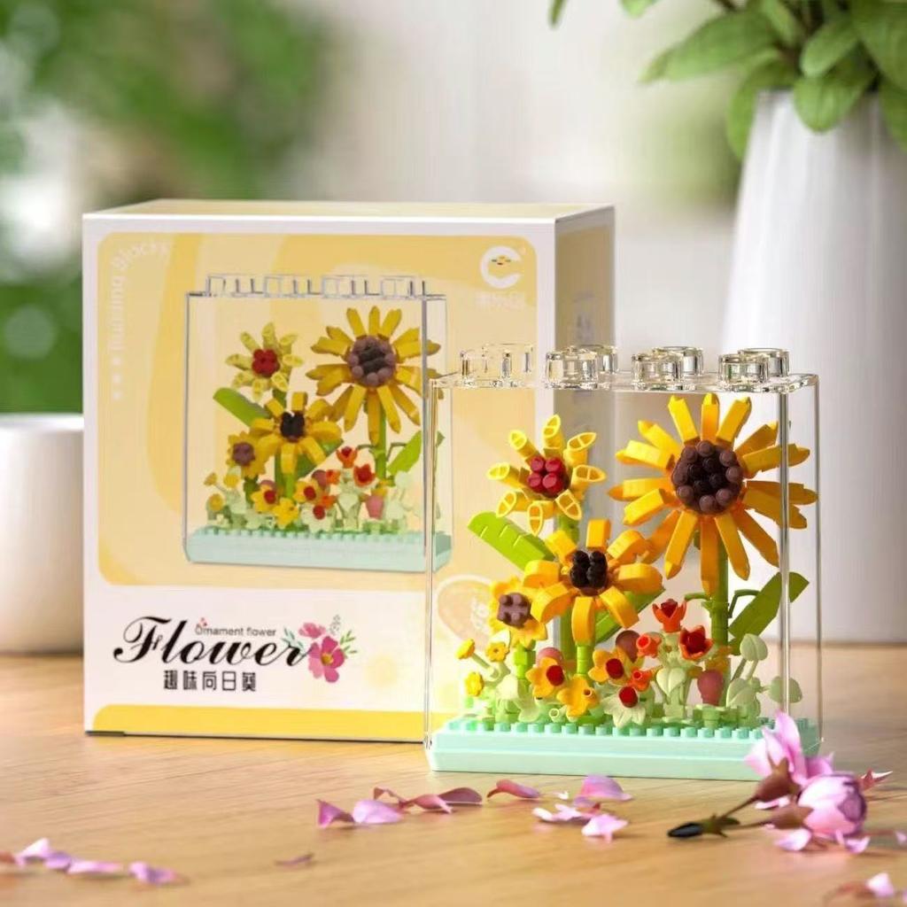 Creative Microgranules Bouquet Rose Sunflower Flower Mini Particles Building Blocks Assembled Bricks Girl Gift Home Ornament