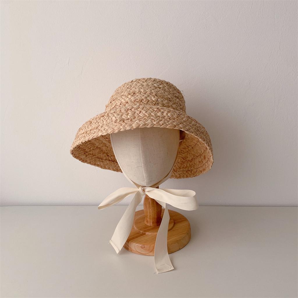 Summer Sun Hat Girls Raffia Straw Hat Retro Travel Sunscreen Beach Vacation Hat with Lacing for Children Holidays