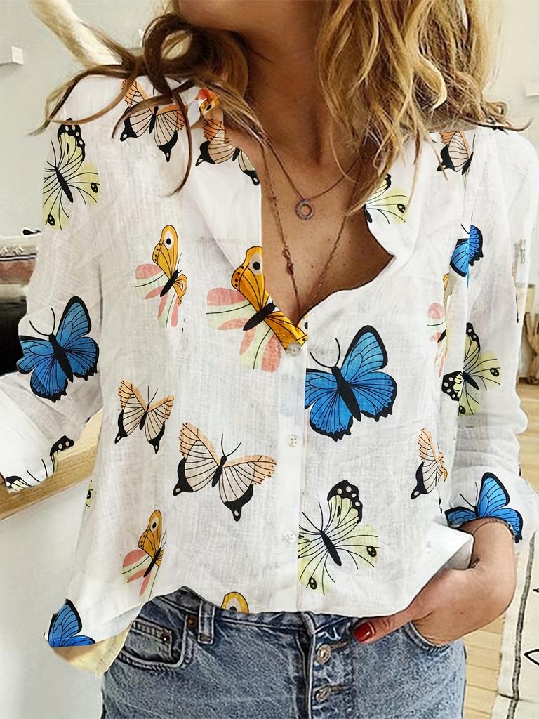 Fashion Retro Butterfly Group Print Long Sleeve Blouse Spring Spring Lapel Button Casual Blouse Ladies Home Shirt