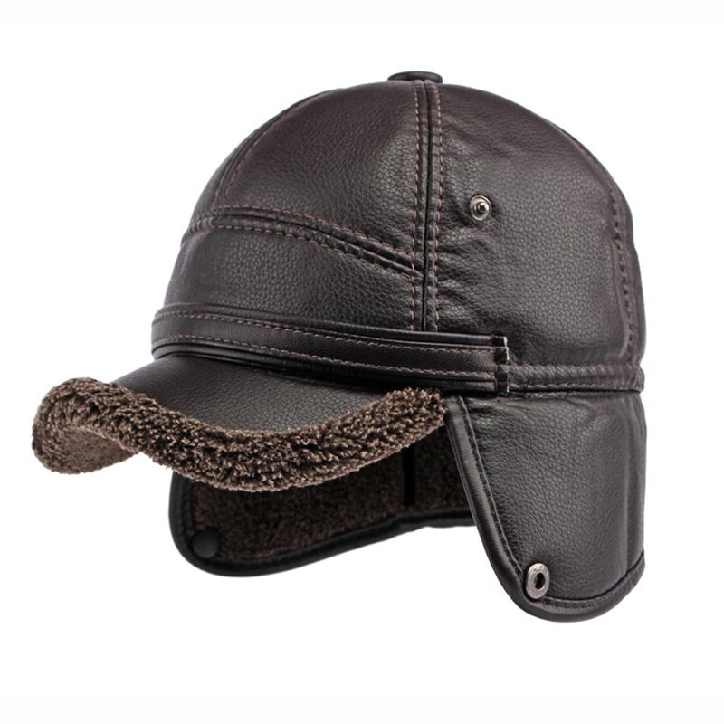 Winter Cap Men PU Leather Baseball Cap For Men With Earflaps Thicker Warm Snapback Hat Middle Elderly Aged Dad Hat Ear Cover