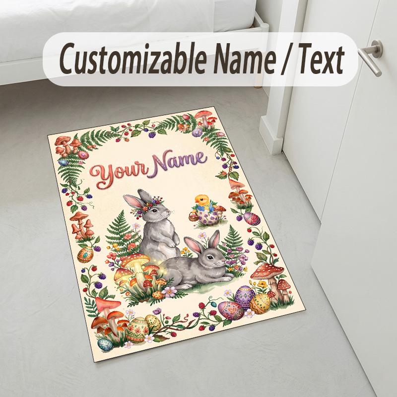 Easter Bunny Theme Crystal Velvet Rug Personalized Custom Name Text Soft Floor Mat Home Decor