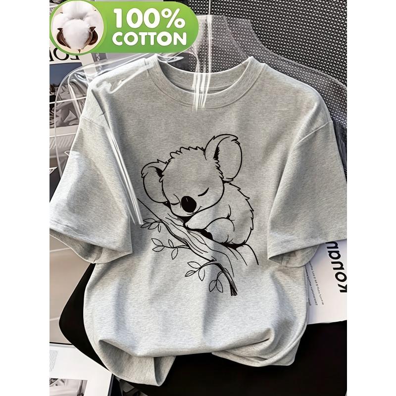 Women's 100% T-Shirt, Cute Sleeping Koala Sketch Print Crew Neck Short Sleeve Tee, Casual Trendy Summer Top, Breathable