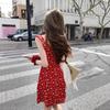French retro red floral small flying sleeve dress for women's summer slim and thin seaside vacation style sexy short dress