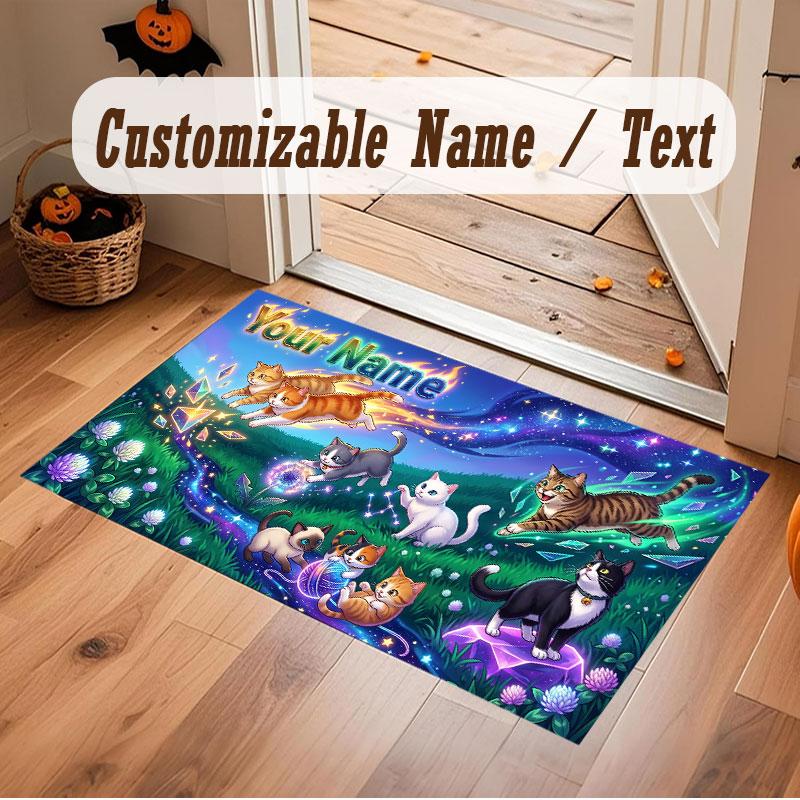 Cat Theme Crystal Velvet Floor Rug Personalized Custom Name Text Warm Carpet Home Decoration