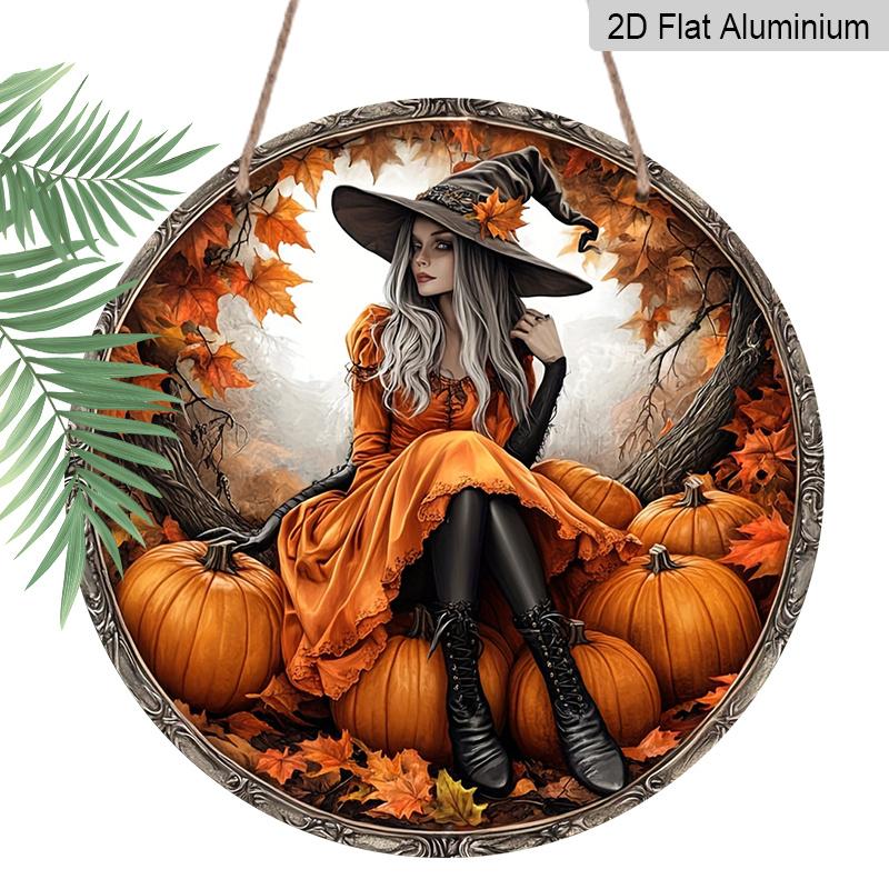 2D Flat, 1pc Pumpkin Witch Themed Round Metal Decorative Sign, Durable Aluminum Indoor Outdoor Decor for Bar Kitchen Cafe Home Office Decoration