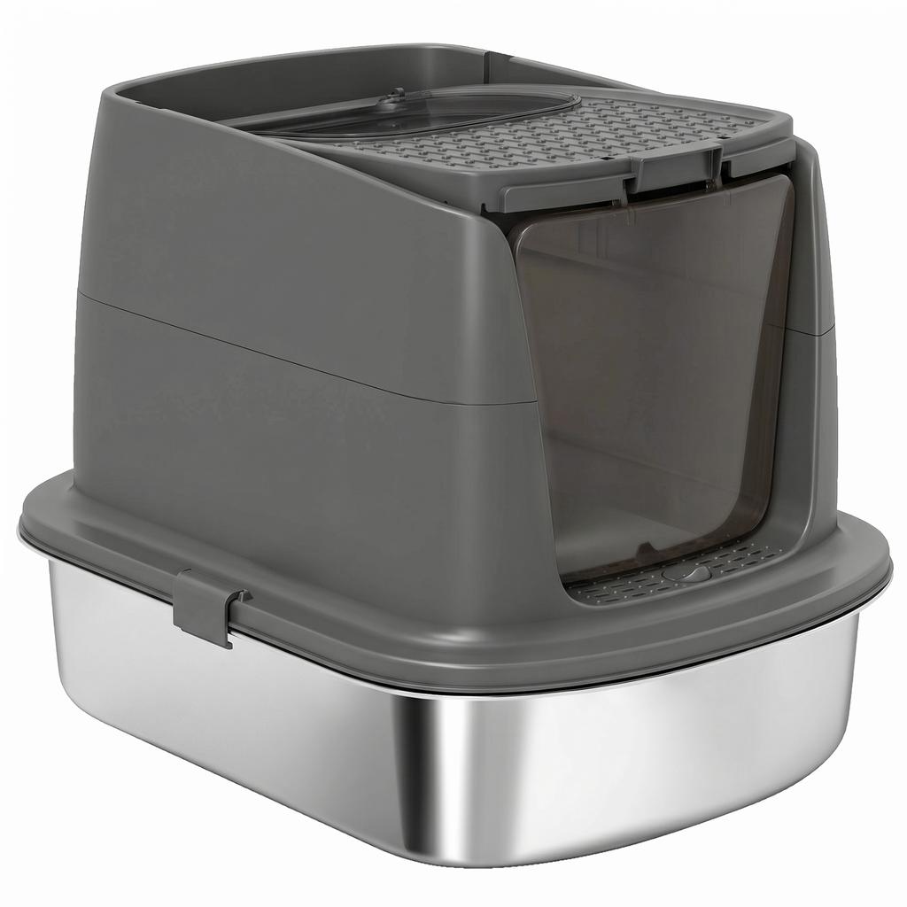 Large Stainless Steel Litter Box, Enclosed Metal Cat Litter Tray with Scoop, Deodoriser Bag, Front-Entry and Top-Exit
