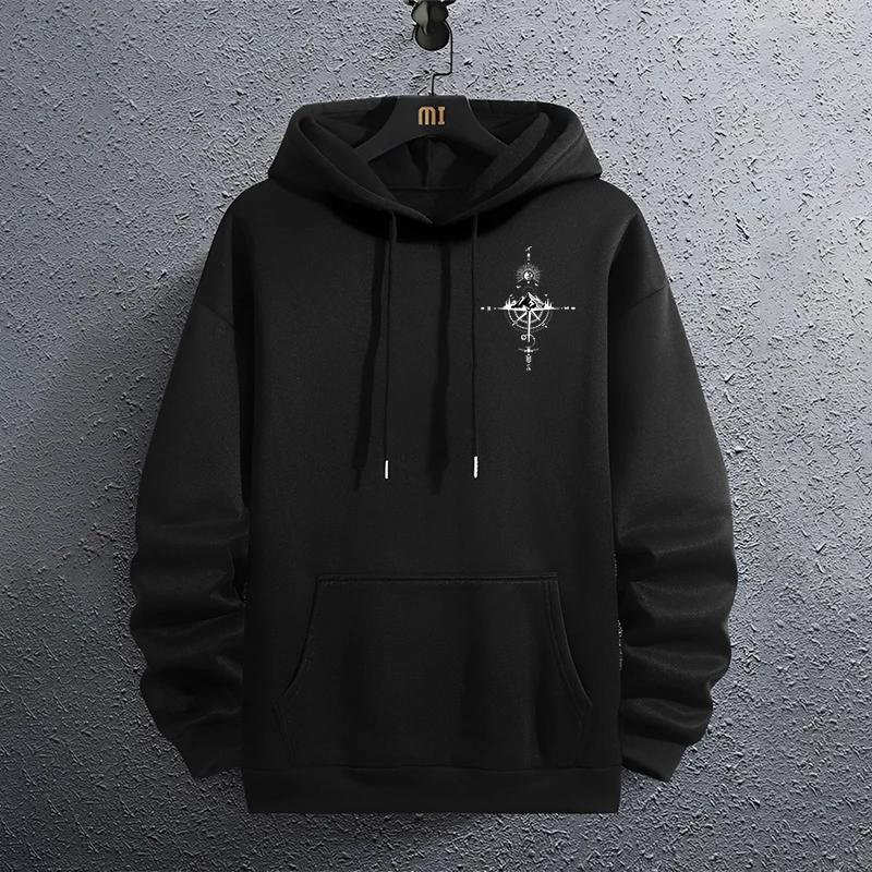 Men's Hooded Sweatshirts High Quality Vintage Compass Print Hoodies All Season Men Daily Casual Sport Pullover Urban Fashion Top