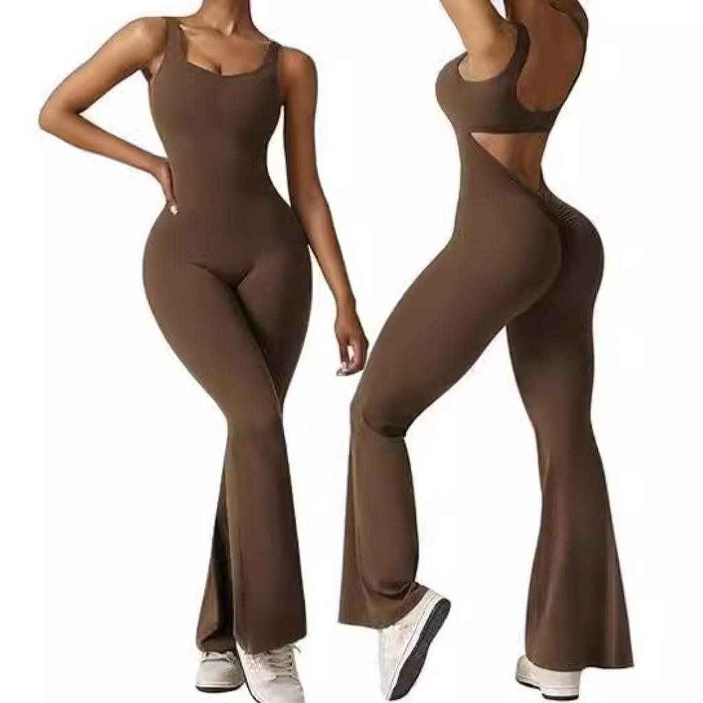 Women's Square Neck Sleeveless Jumpsuit Slim High Waist Back Cutout Flare Yoga Unitard