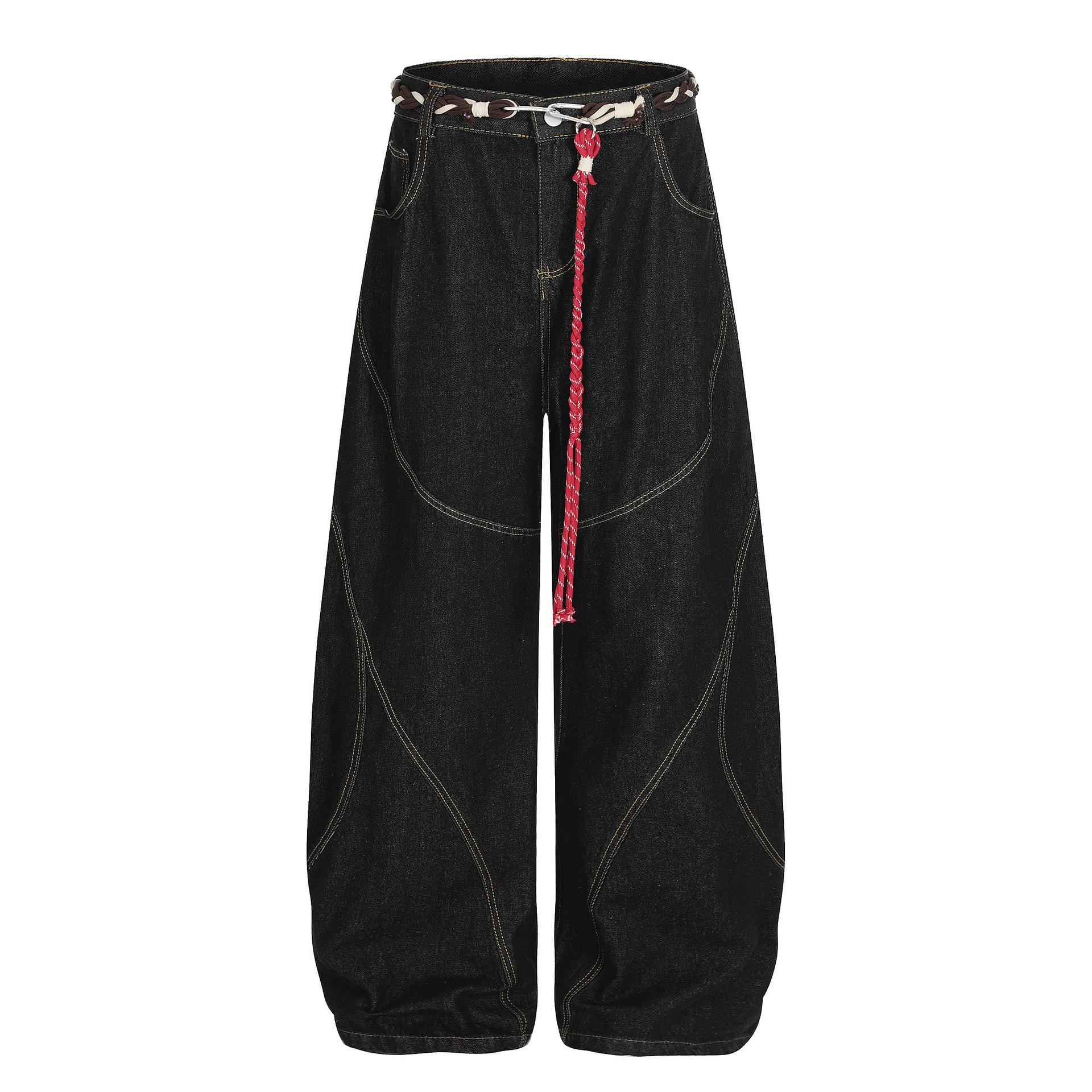 Trendy brand American retro splicing washed jeans men s vibe scimitar wide-leg trousers S